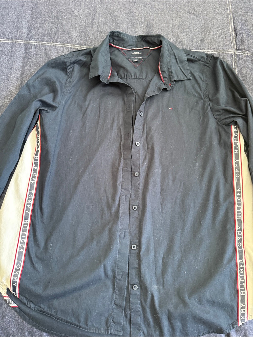 Tommy Hilfiger Navy Long-Sleeve Button-Down with Red/White Side Tape